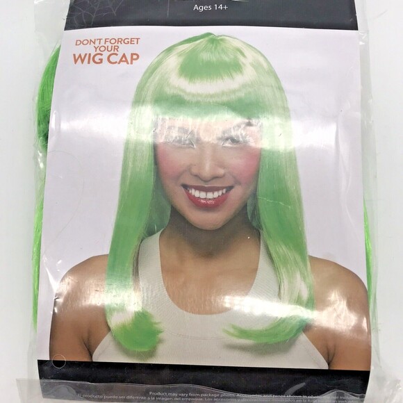 Green Halloween Wig Cosplay Party Costume OSFM Long  Bob With Bangs Hair NIP - Picture 3 of 6